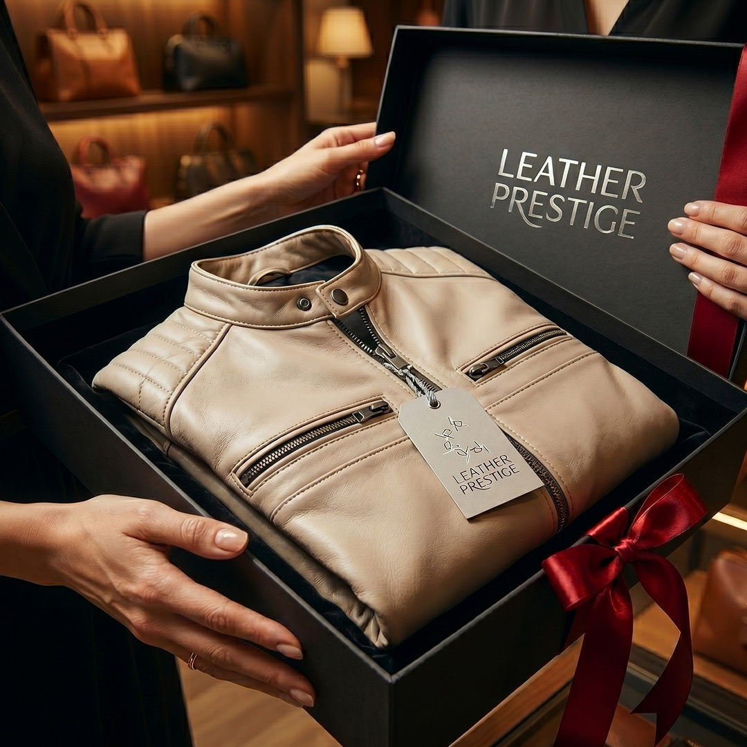 Folded beige leather jacket in a 'Leather Prestige' box with a red ribbon.