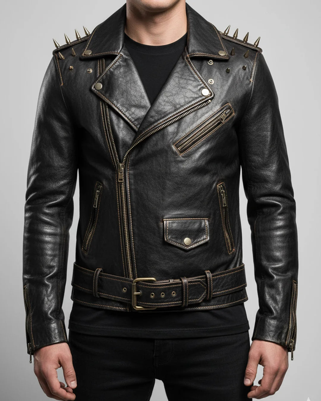 Black Studded Biker Leather Jacket - Image 1