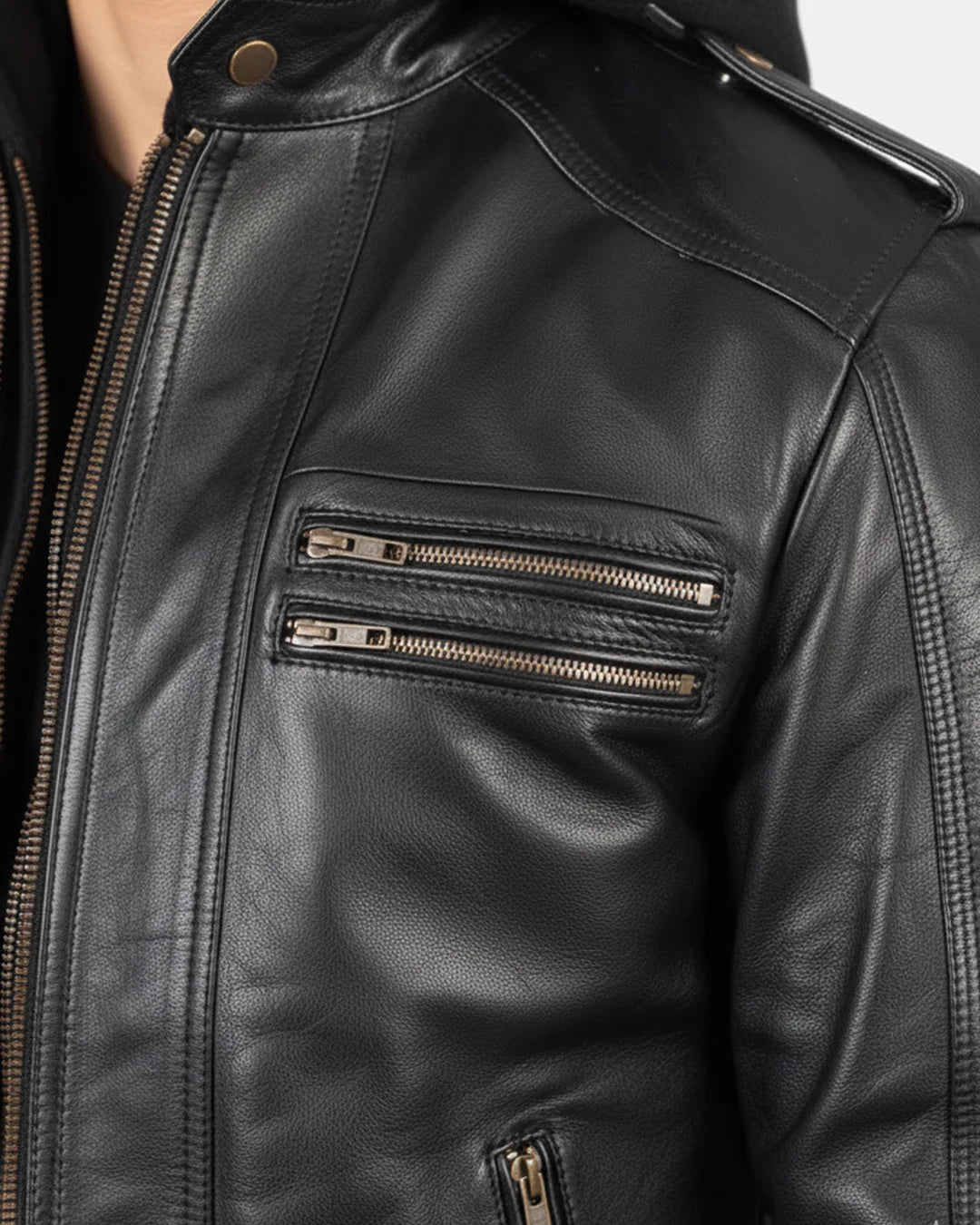 Close-up of a black leather jacket with zippers