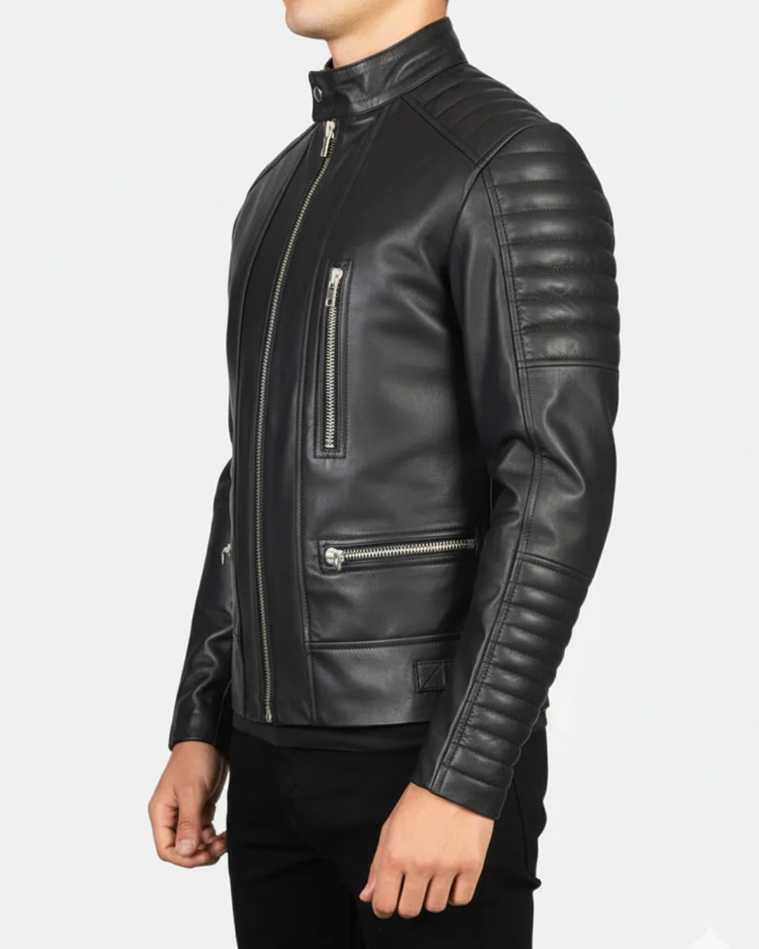 Black leather jacket worn by a person on a white background