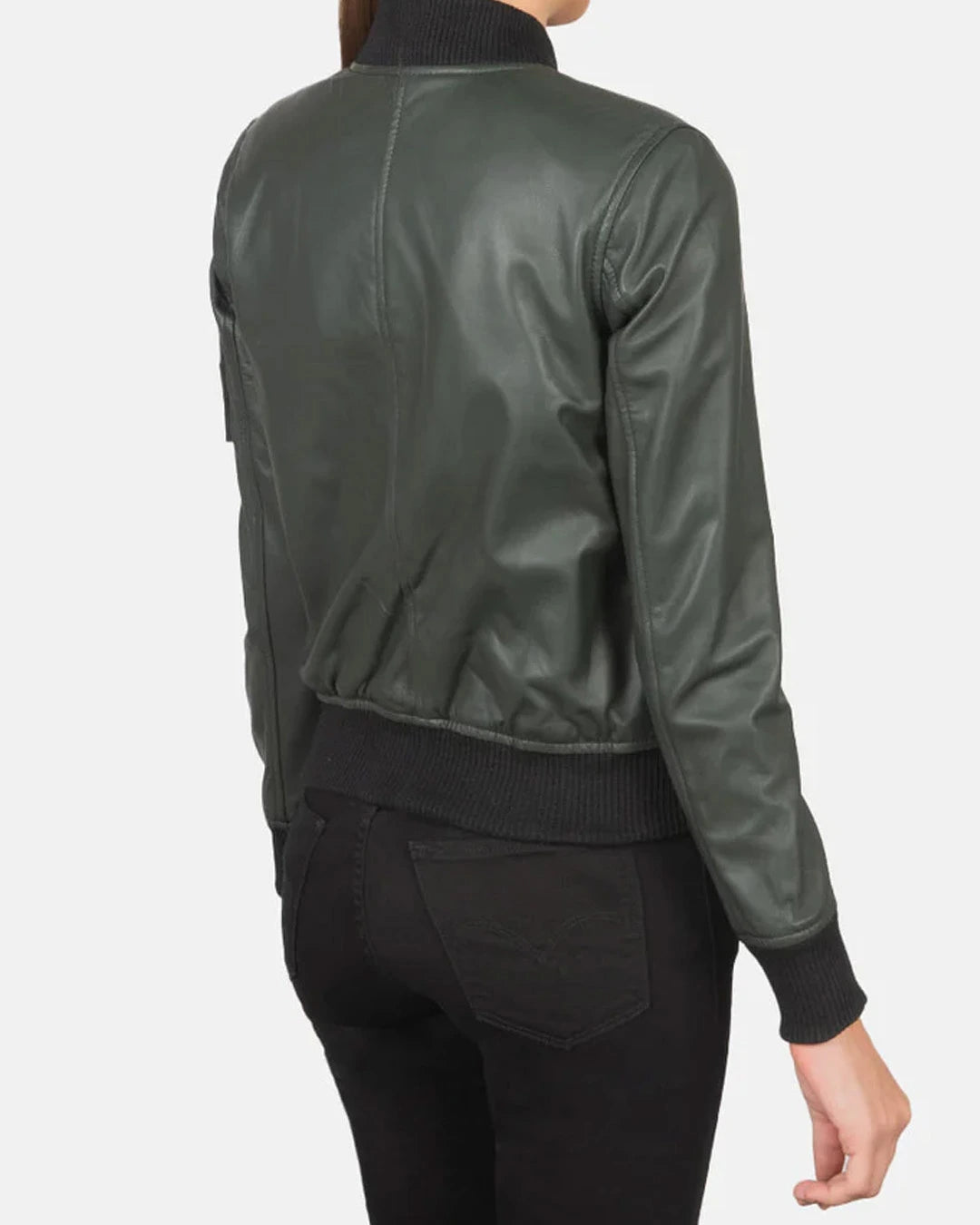 Green bomber jacket worn by a person on a white background
