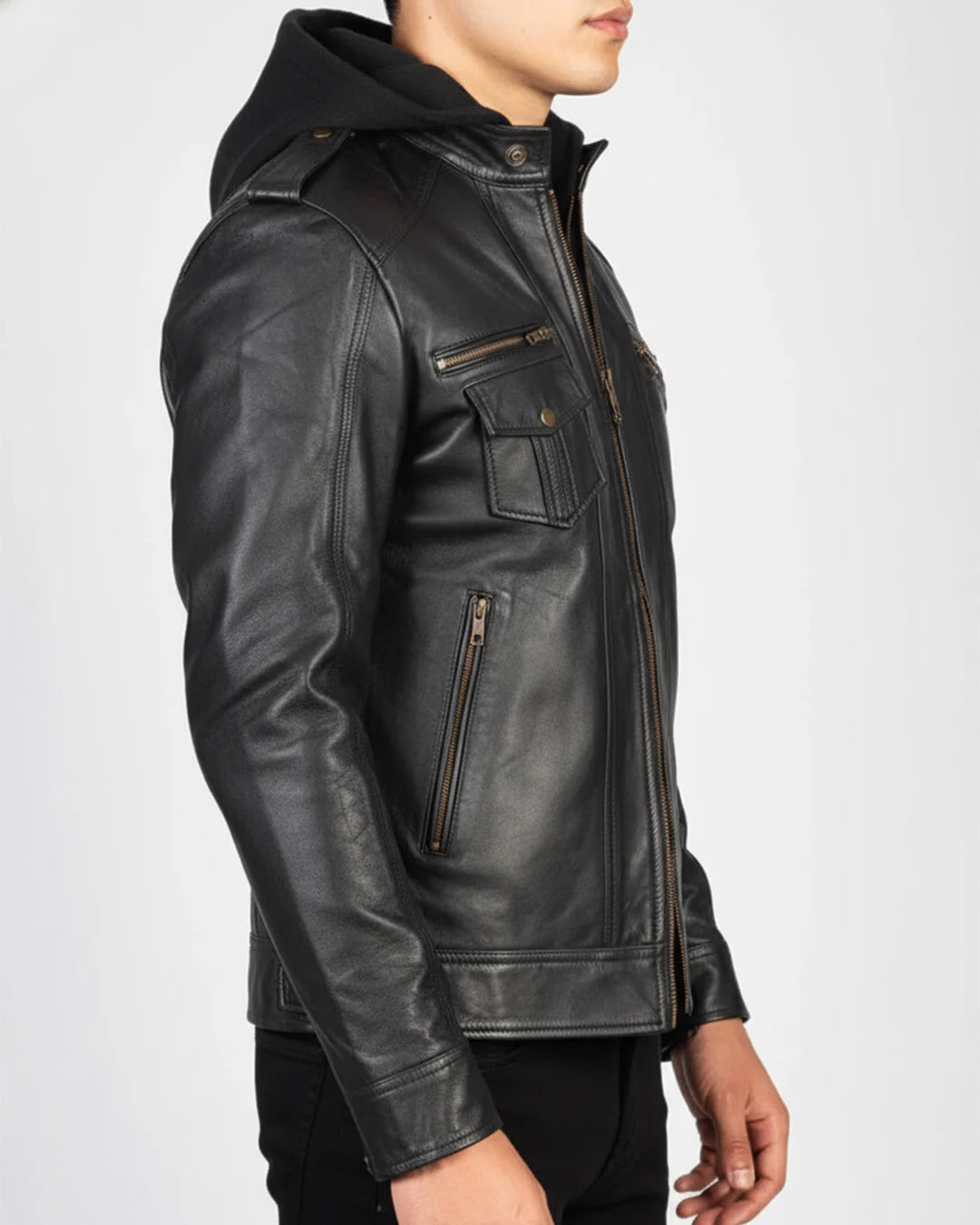 Black leather jacket with a hood on a white background