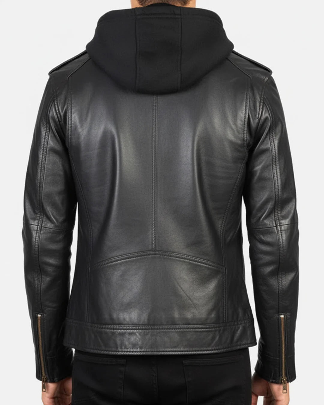 Black leather jacket with a hood on a white background