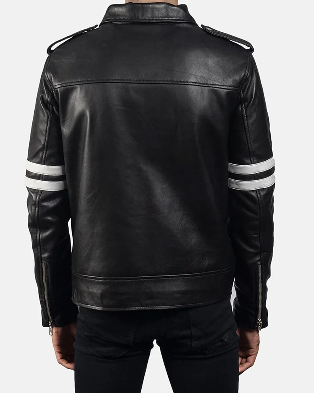 Black leather jacket with white stripes on sleeves on a white background