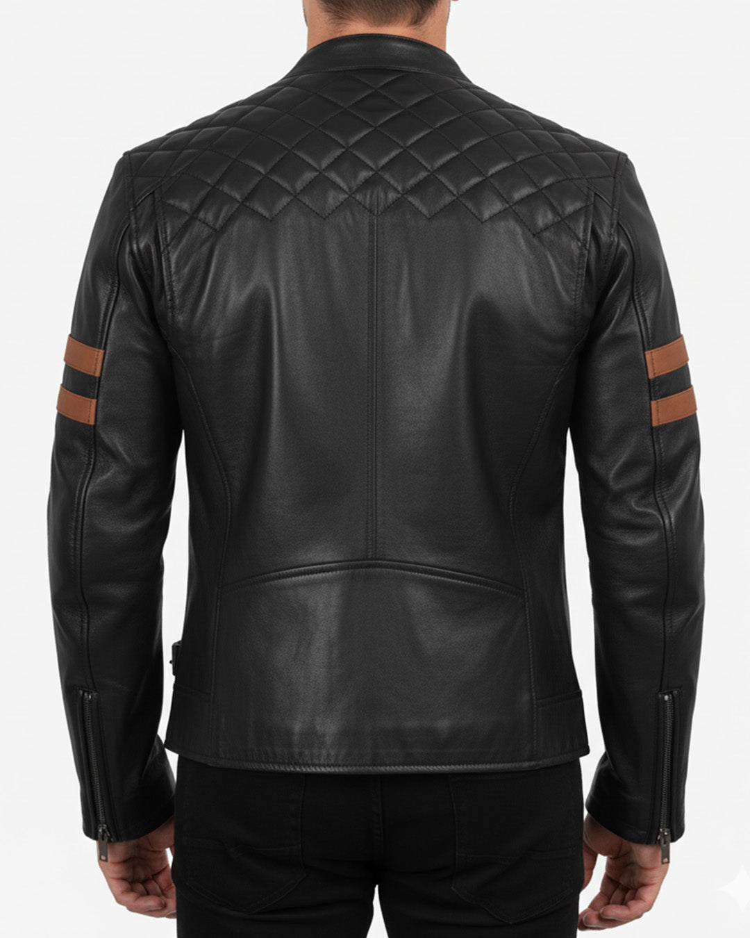 Black leather jacket with quilted back design and brown arm patches on a white background