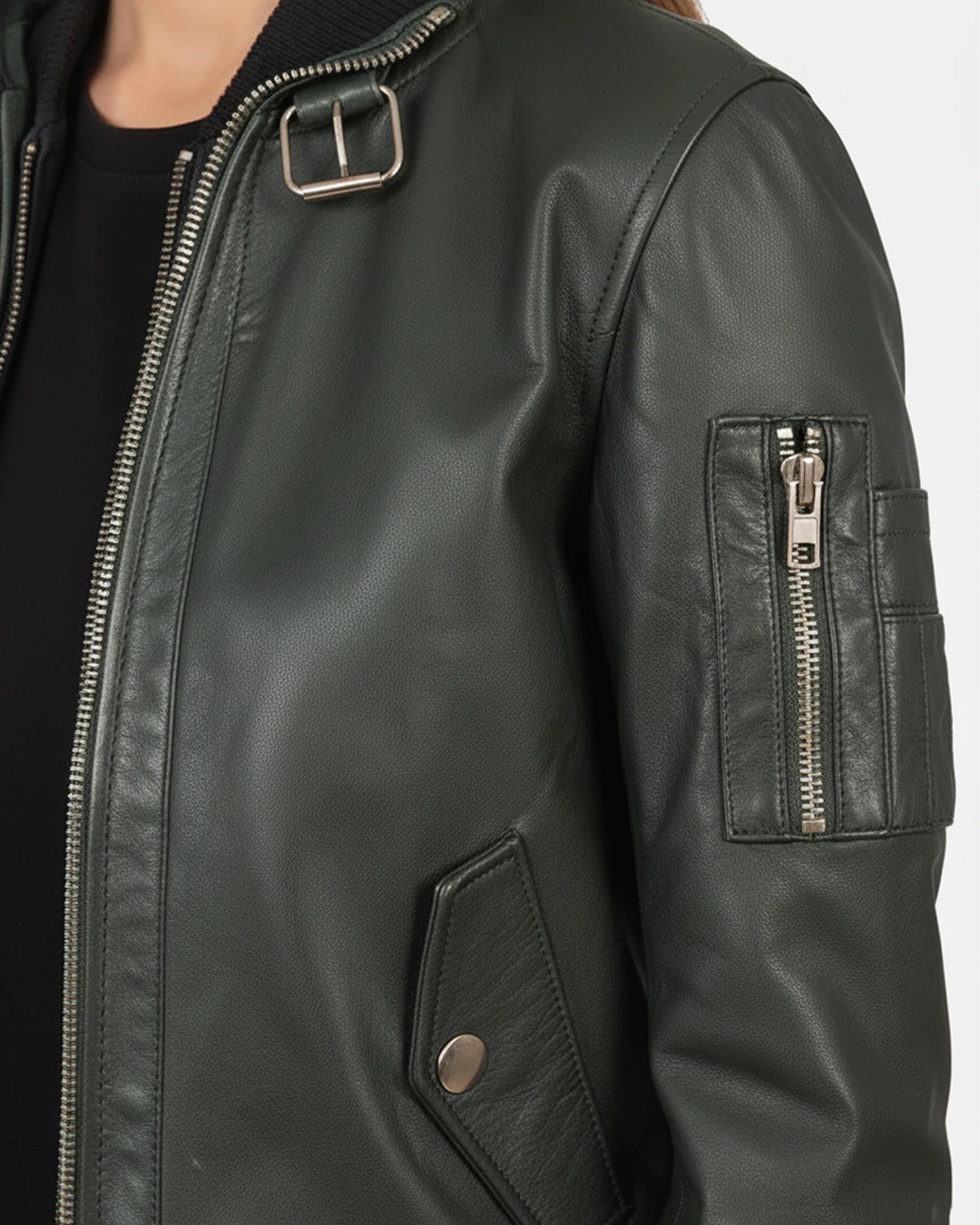 Close-up of a dark green leather jacket with zippers on a white background