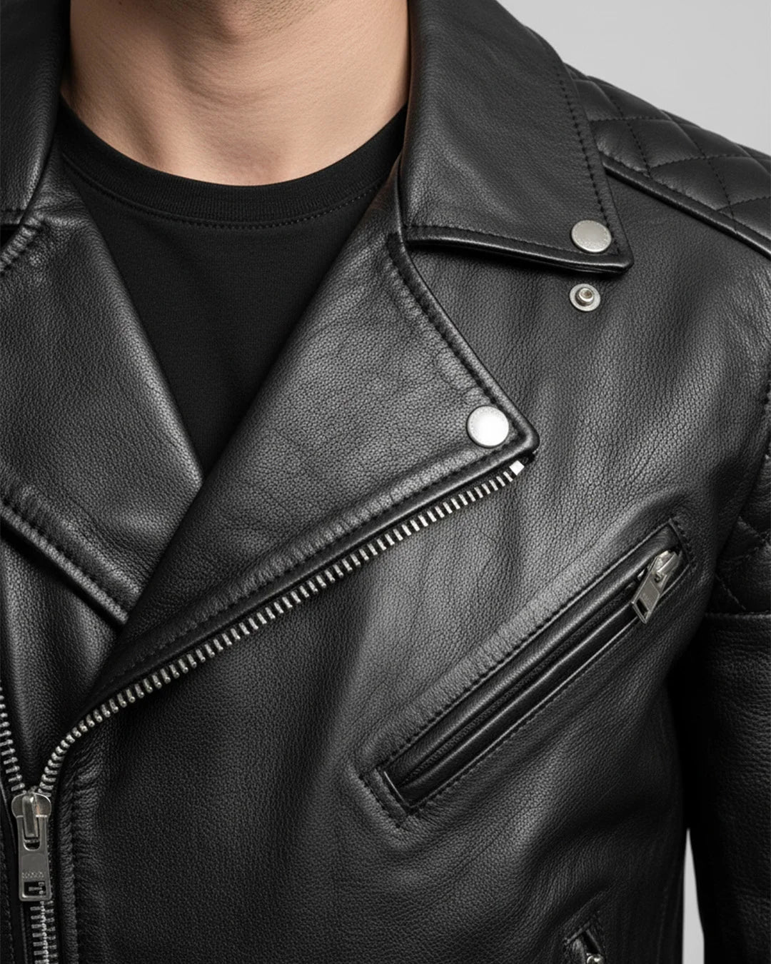 Close-up of a black leather jacket with a zipper and button details.