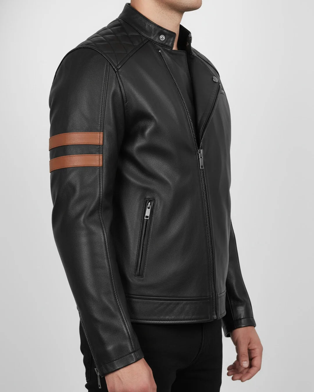 Black leather jacket with brown stripes on sleeves against a white background