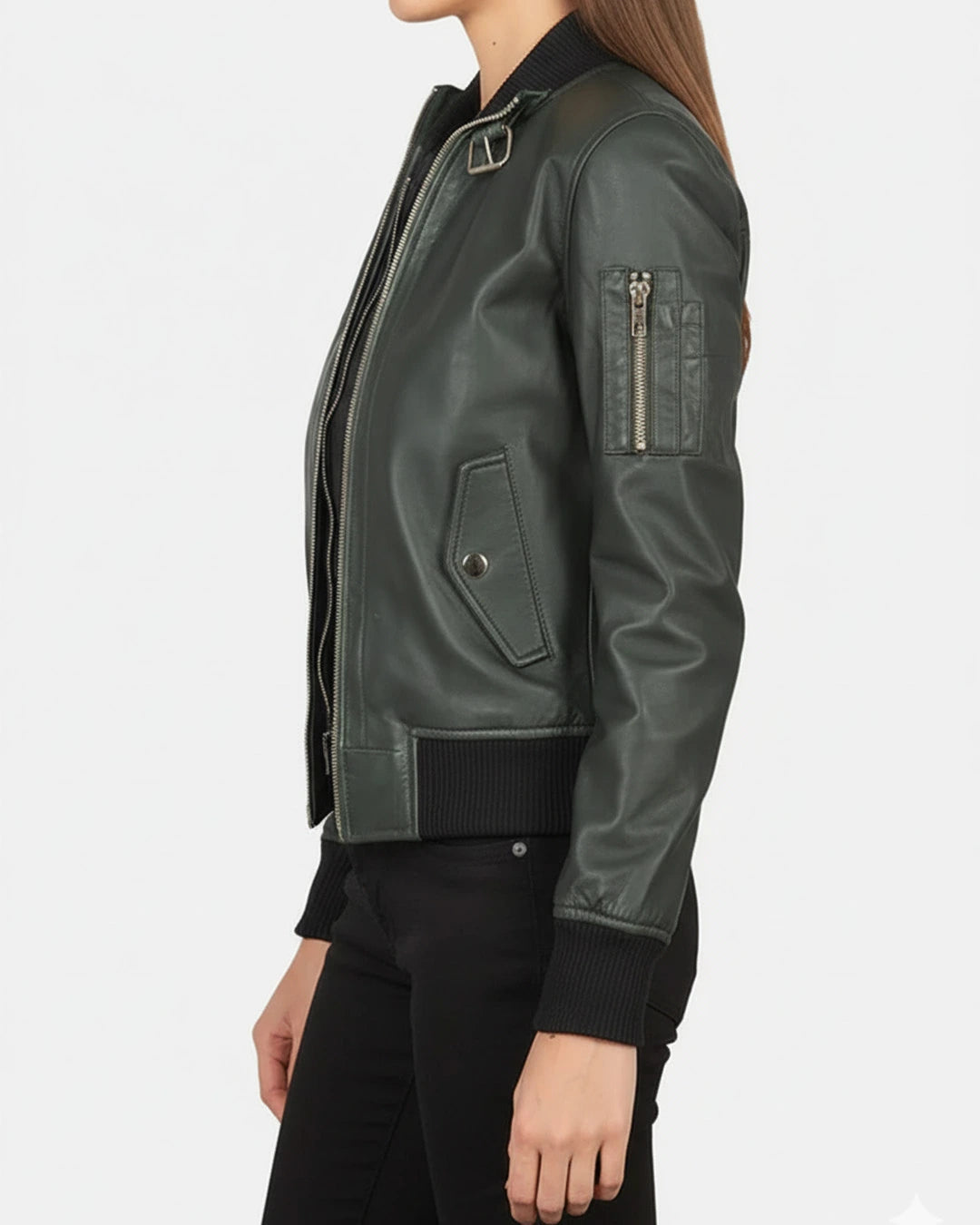 Green leather jacket worn by a person on a white background
