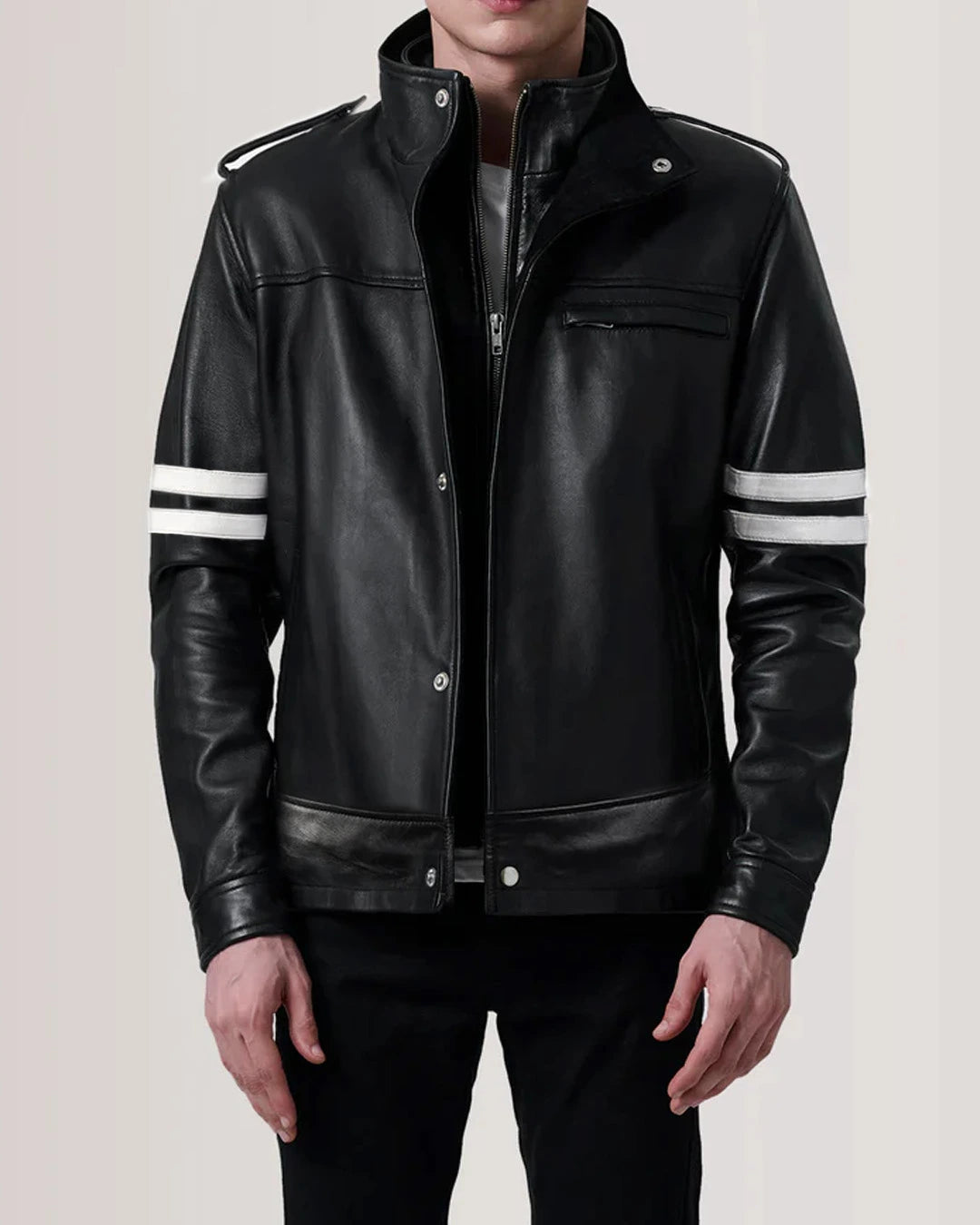 Men Stand Collar Leather Jacket - Image 1