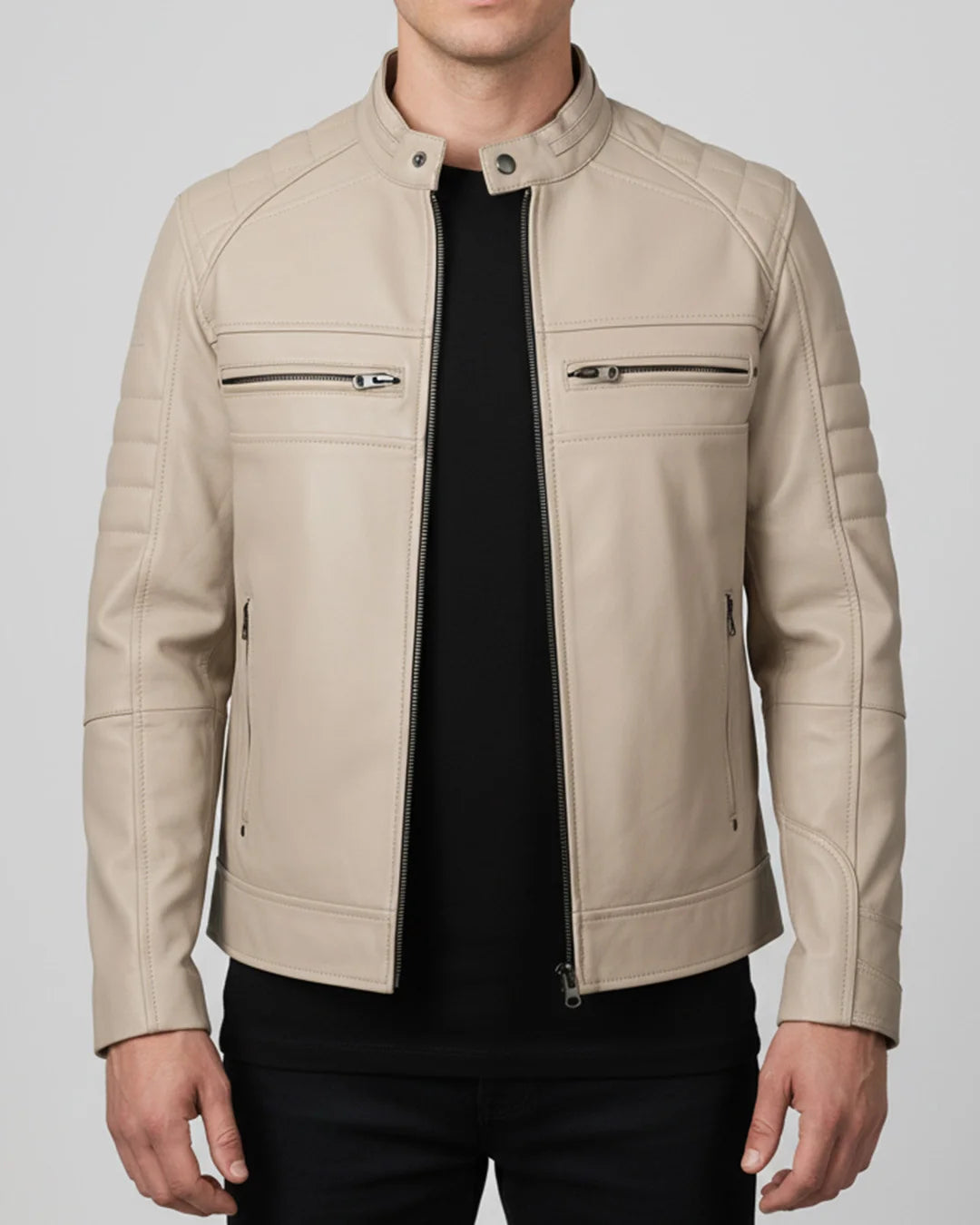 Men?s Beige Leather Jacket - Image 1