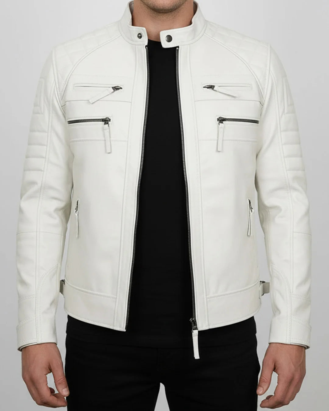 Slim Fit White Leather Jacket Men - Image 1