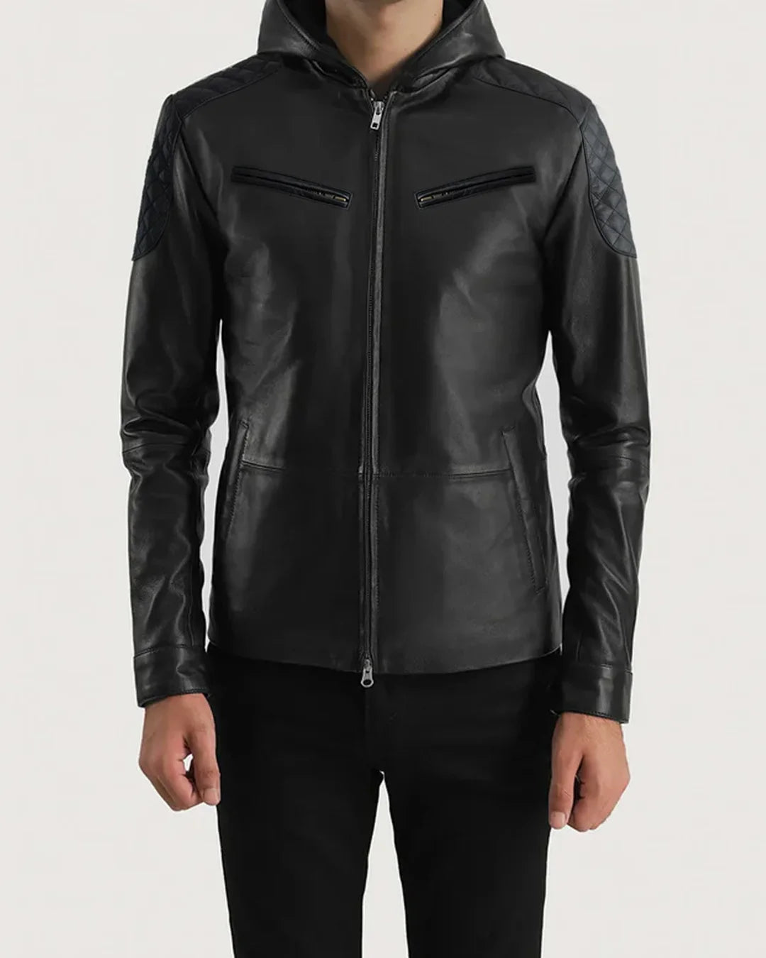 Zip front leather jacket with hood men - Image 1