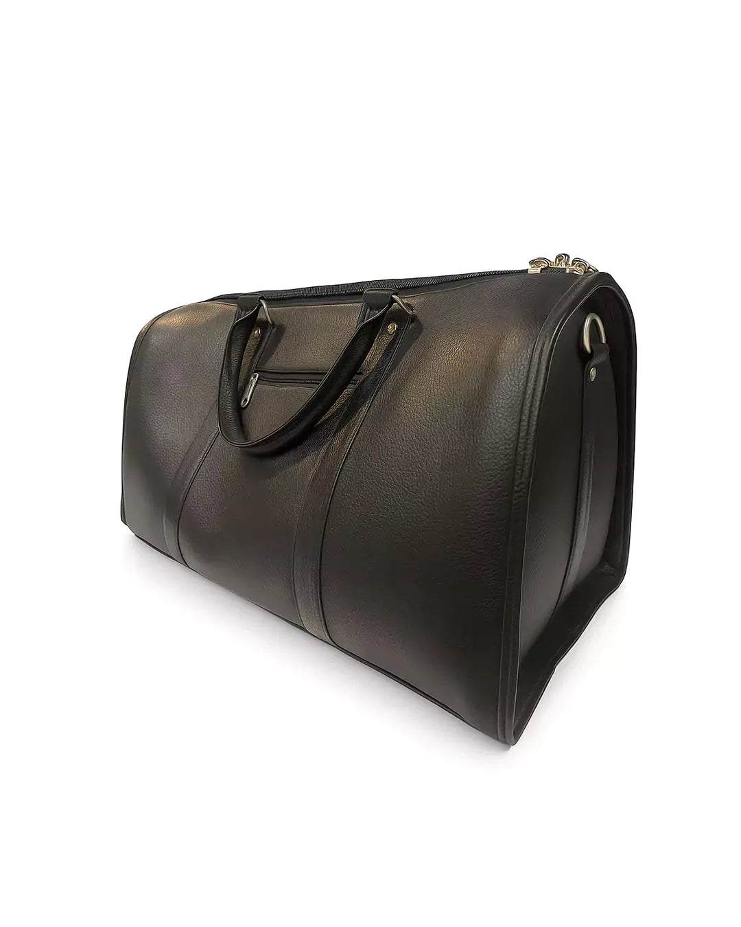 Black leather duffel bag on a white background