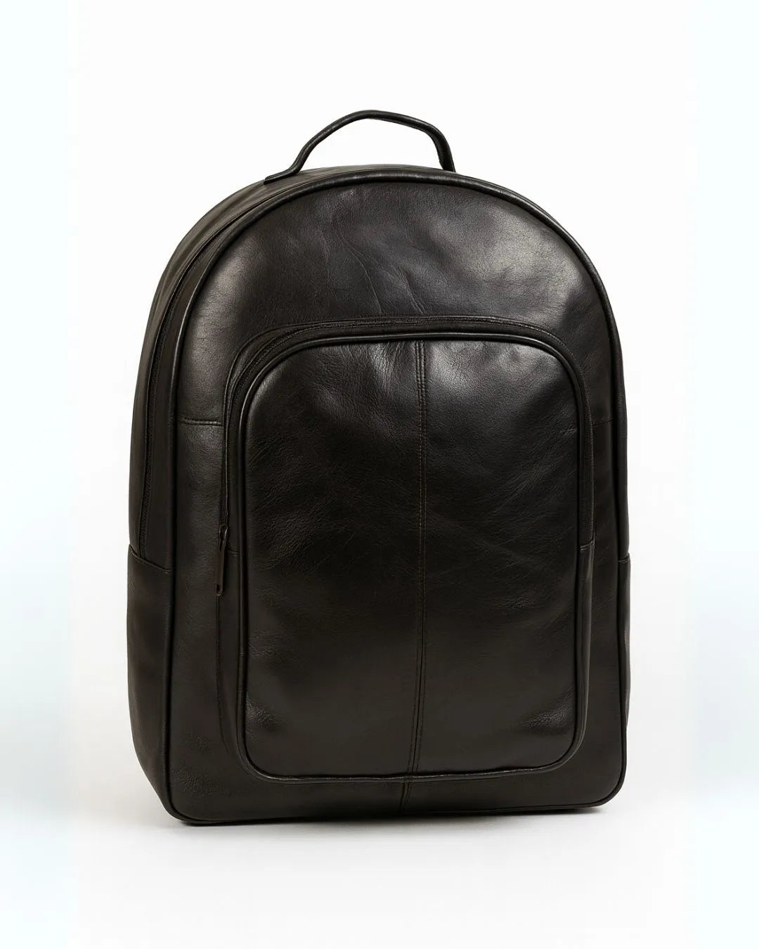 Black leather backpack on a white background