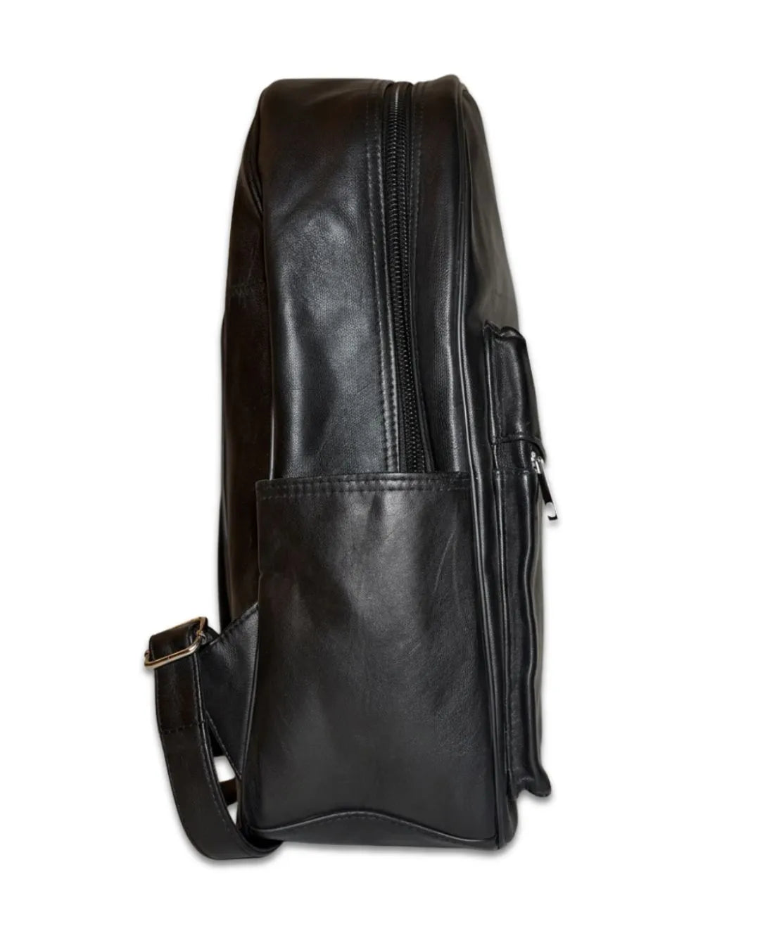 Black leather backpack on a white background