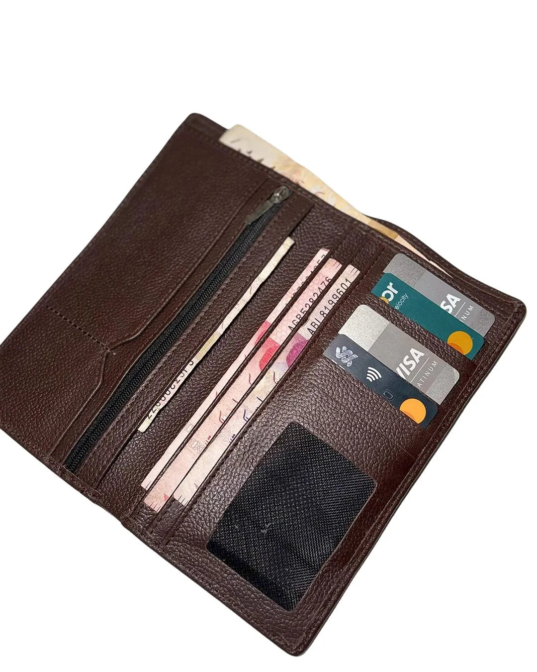 Brown leather wallet with various cards and a pen on a white background