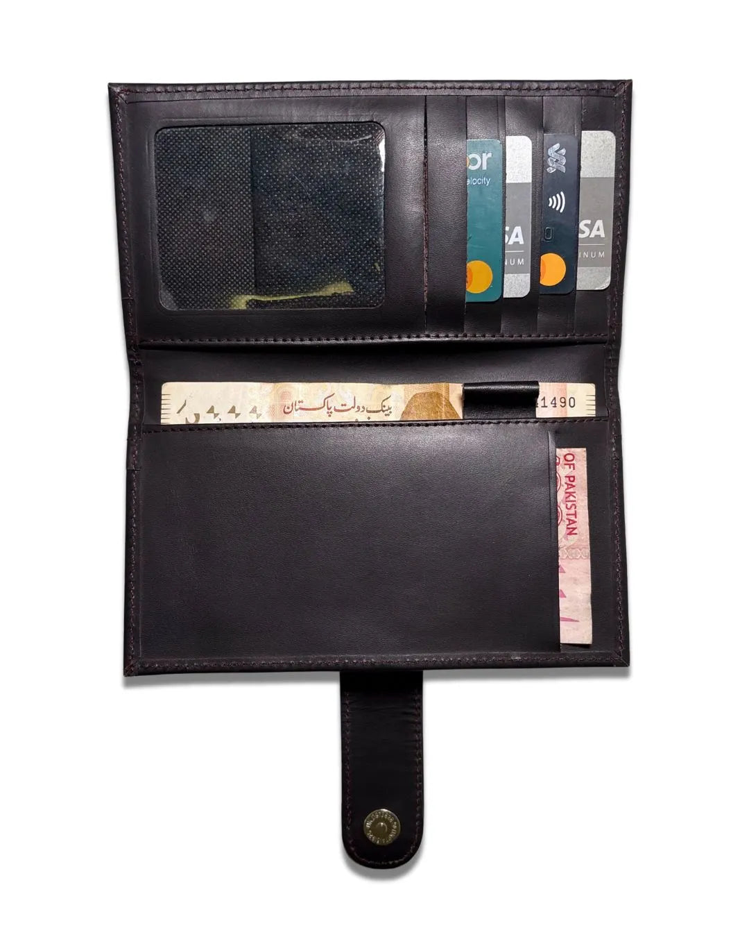 Black leather wallet with various cards and money on a white background