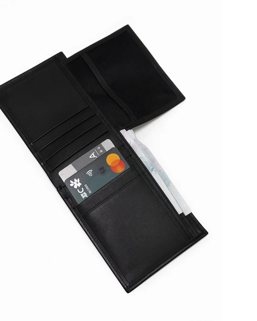 Black wallet with cards on a white background