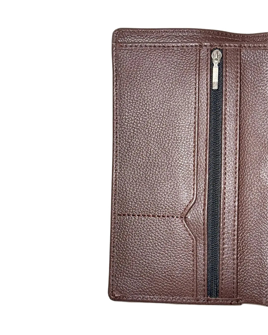 Brown leather wallet with zipper on a white background