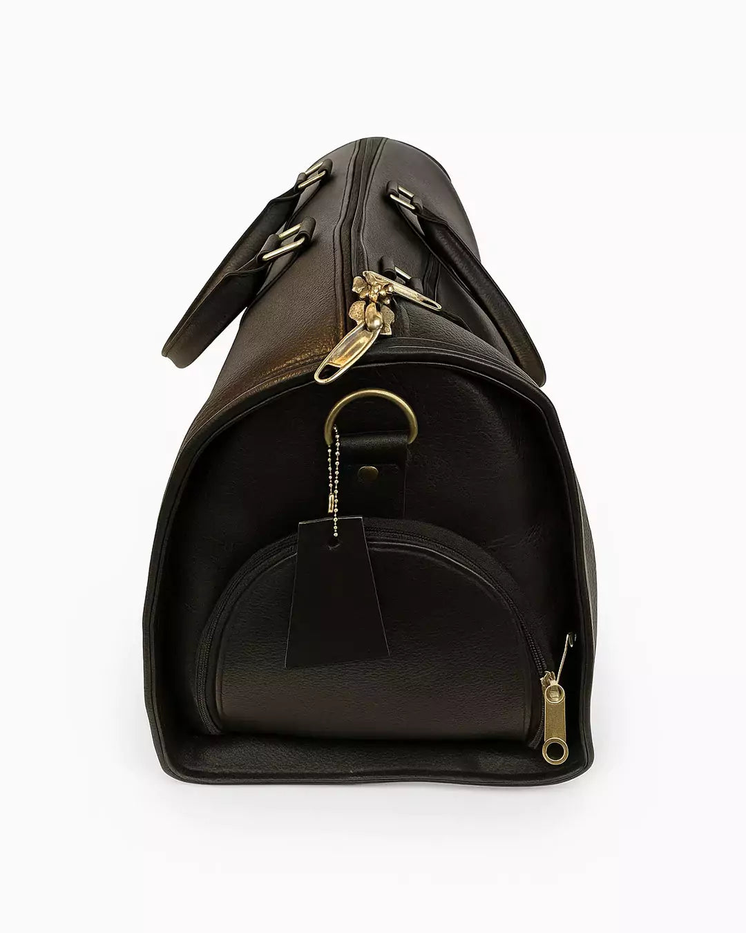 Black leather bag with gold hardware on a white background