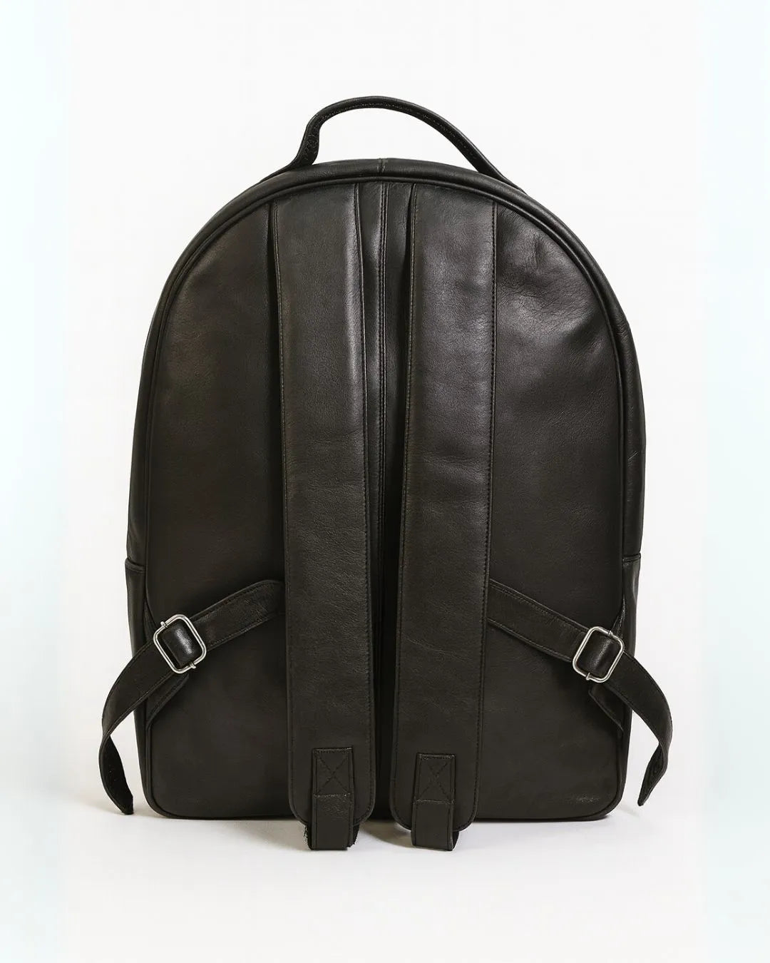 Black leather backpack on a white background