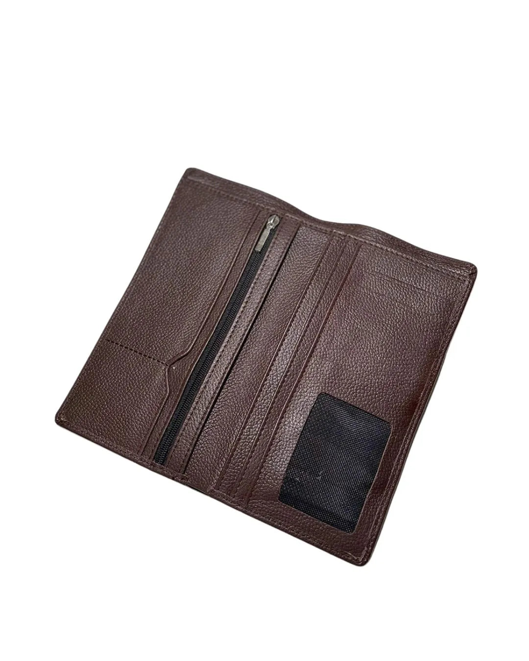 Brown leather wallet with a zipper on a white background