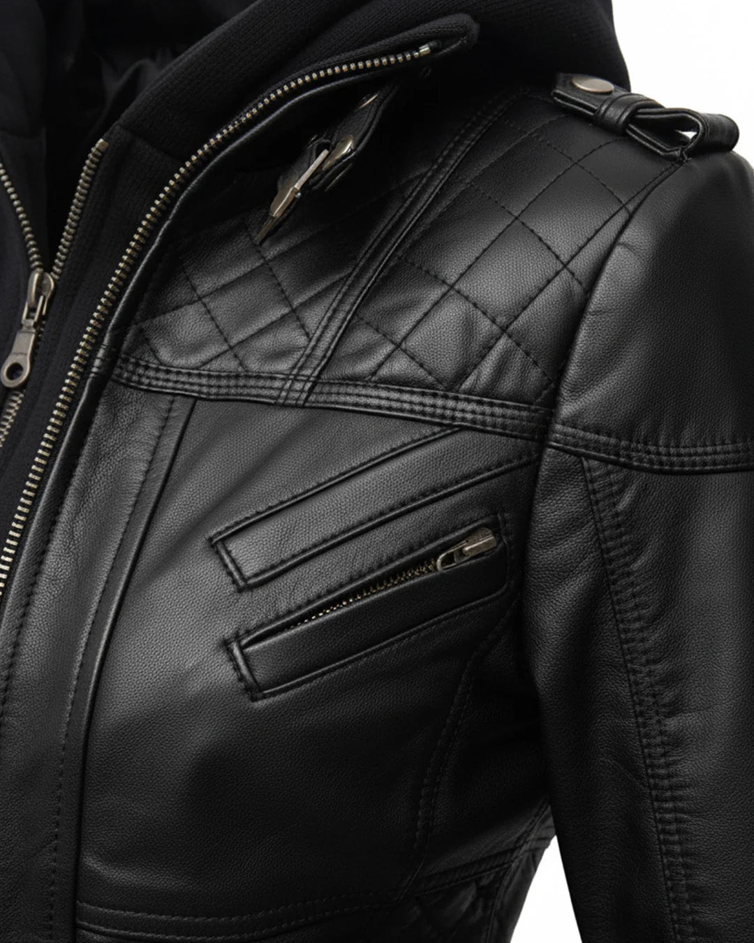 Close-up of a black leather jacket with quilted design and zippers.