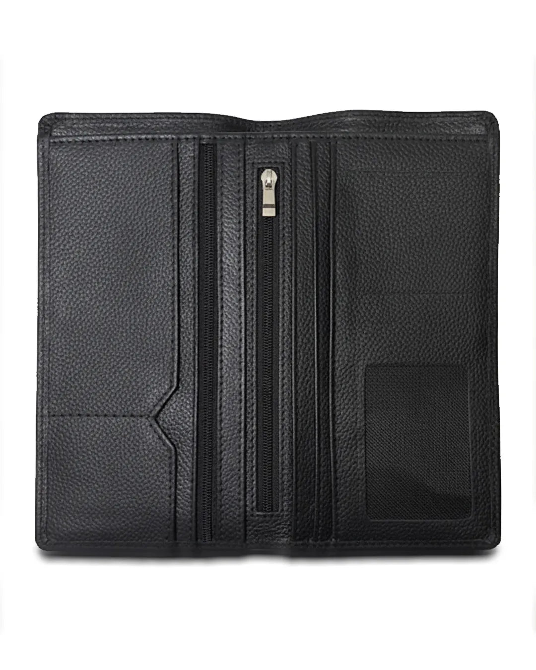 Black leather wallet with zipper on a white background