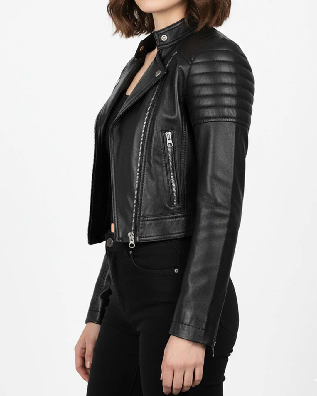 Black leather jacket worn by a person on a white background
