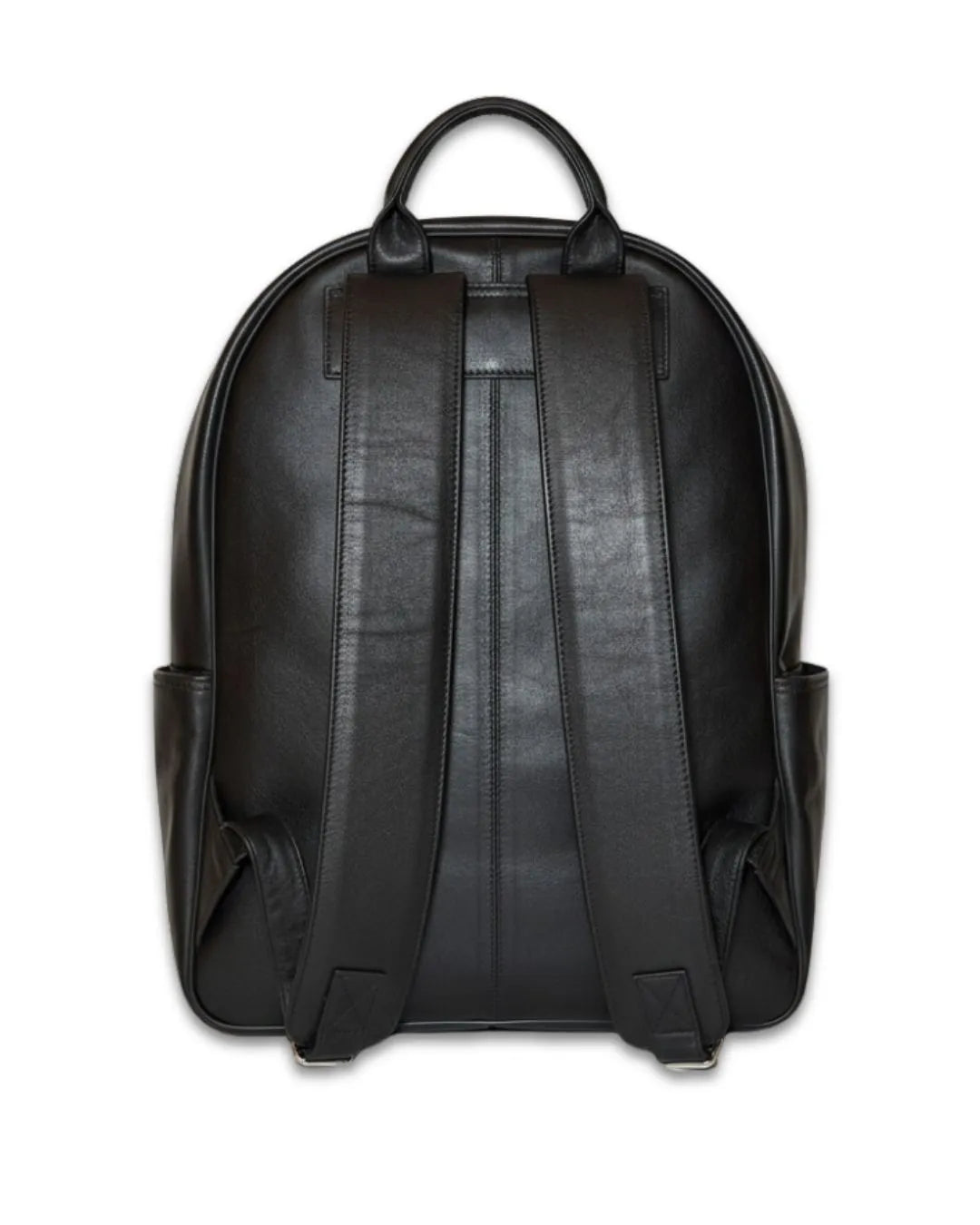Black backpack shown from the back on a white background