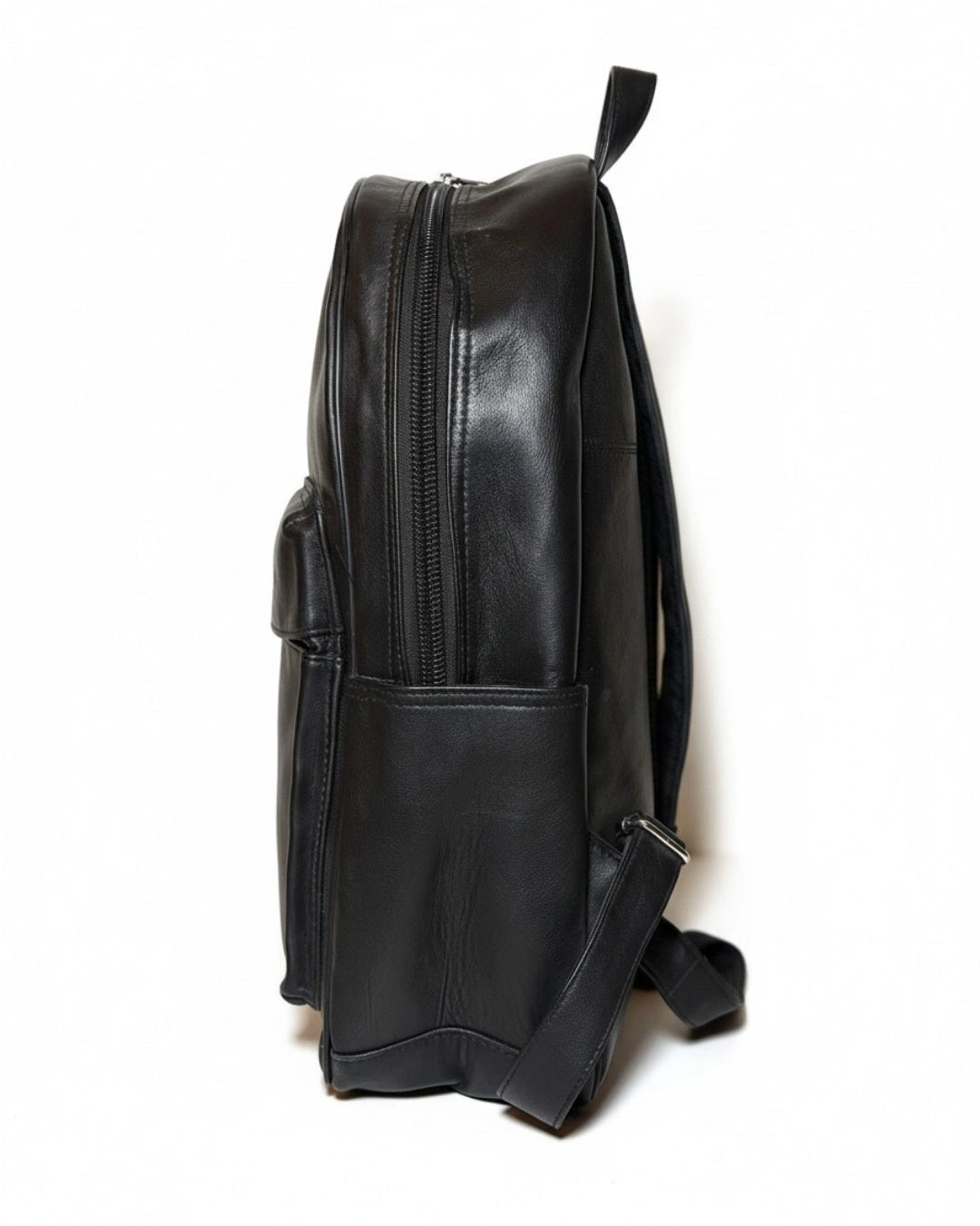 Black leather backpack on a white background