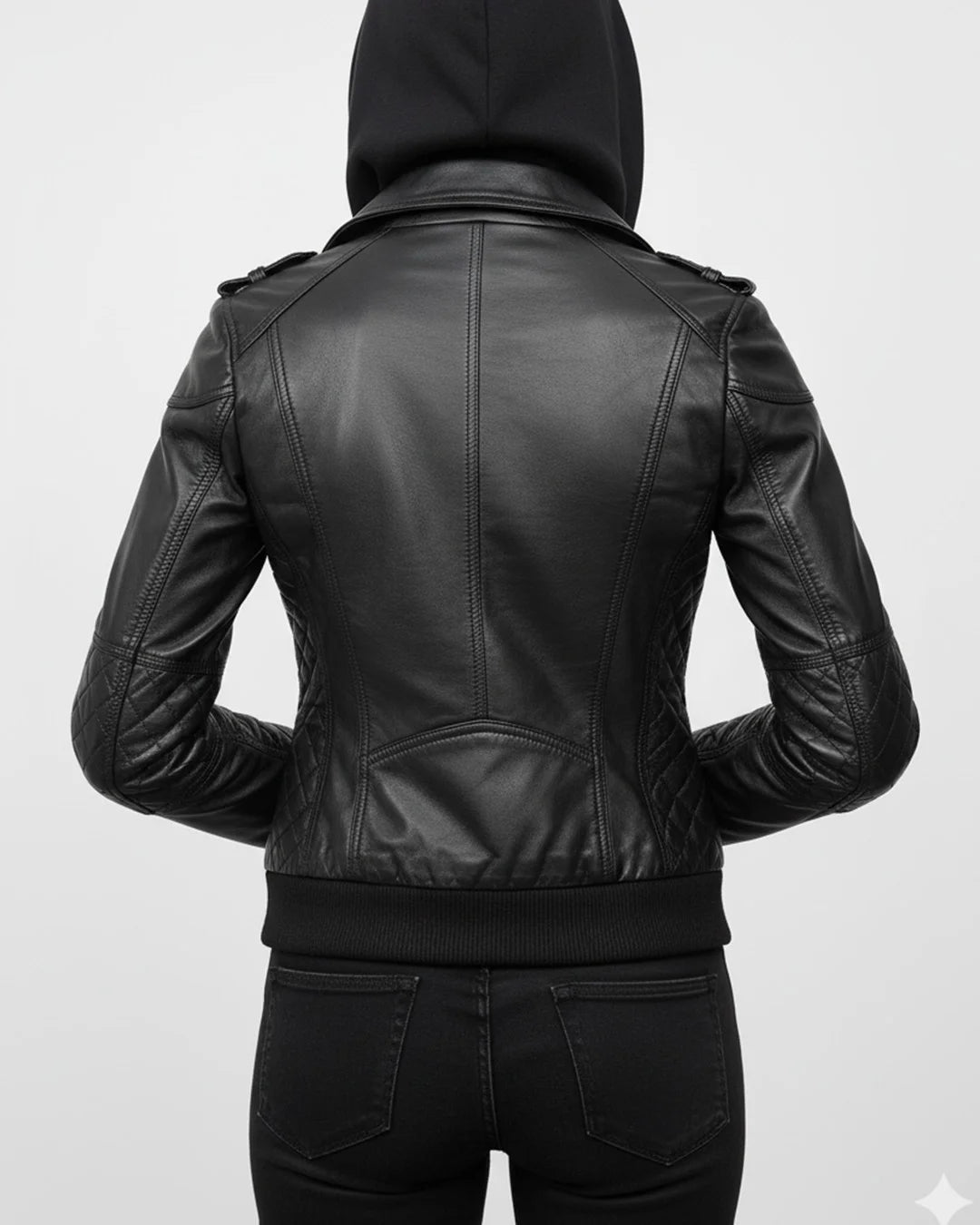 Black leather jacket worn by a person on a light gray background
