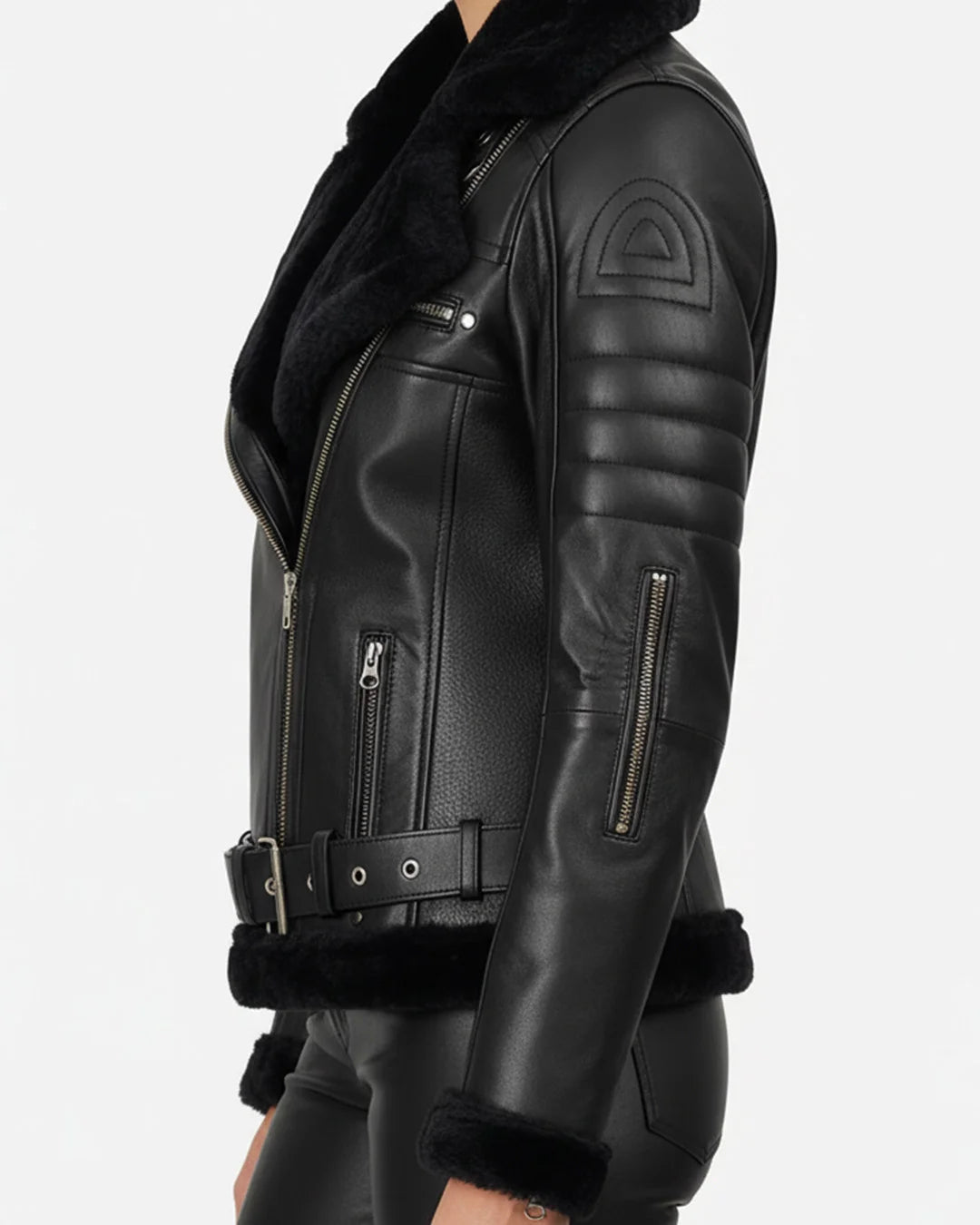 Black leather jacket with fur trim on a white background