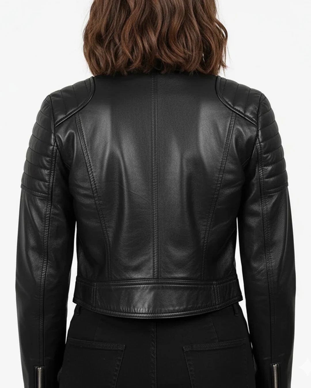 Black leather jacket worn by a person on a white background