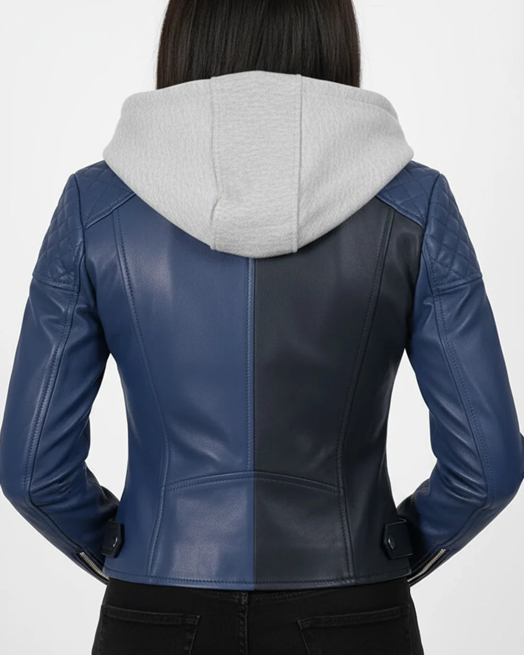 Blue and black leather jacket with gray hood on a white background