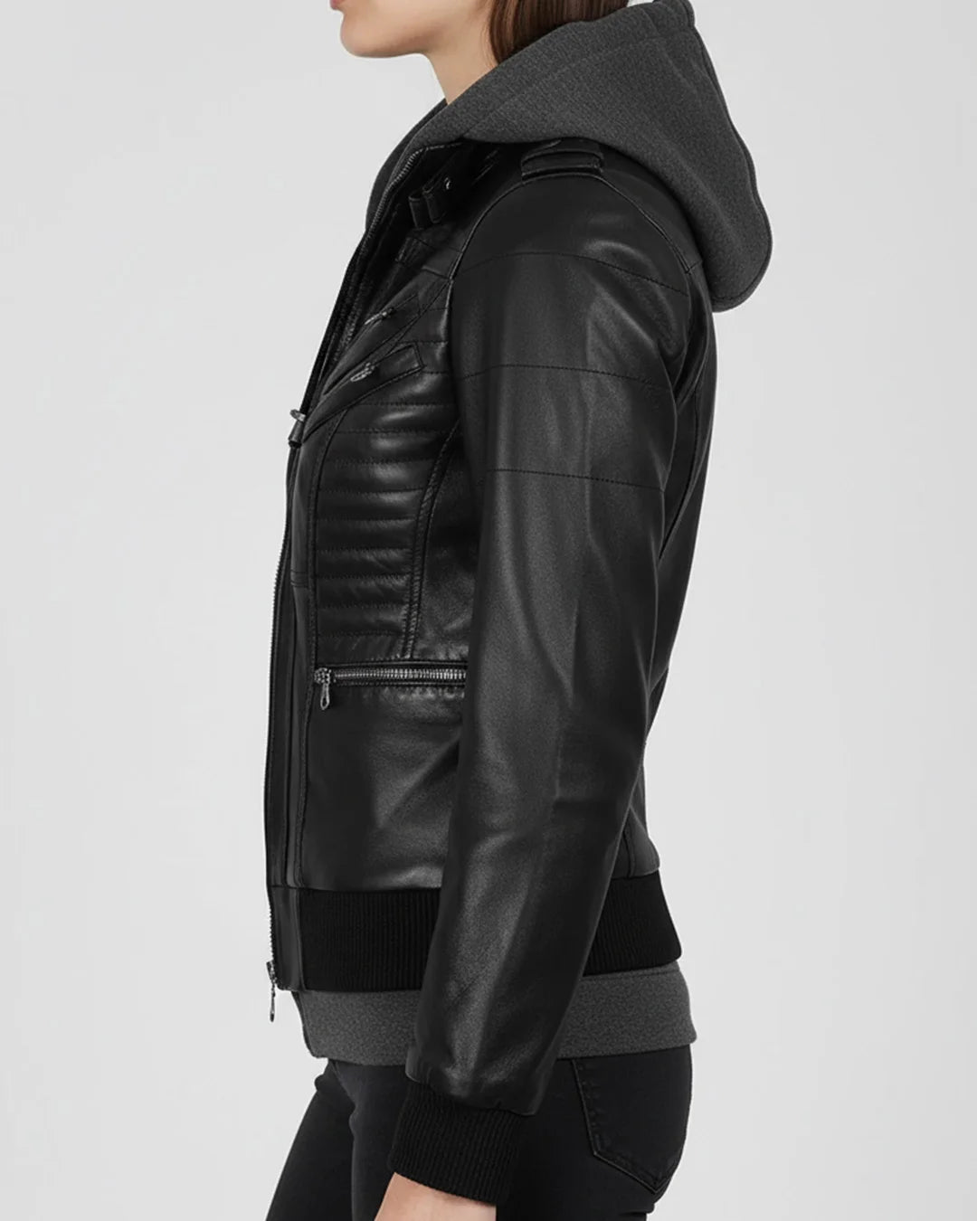 Black leather jacket with gray hood on a white background