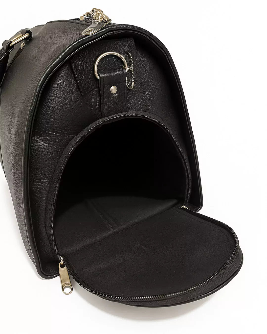 Black leather pet carrier with open lid on a white background