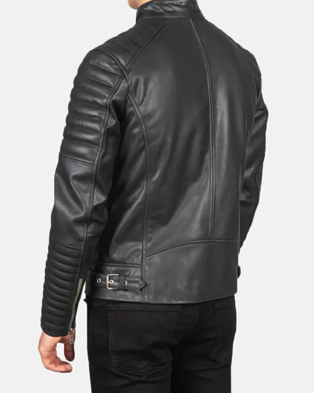 Black leather jacket worn by a person on a white background