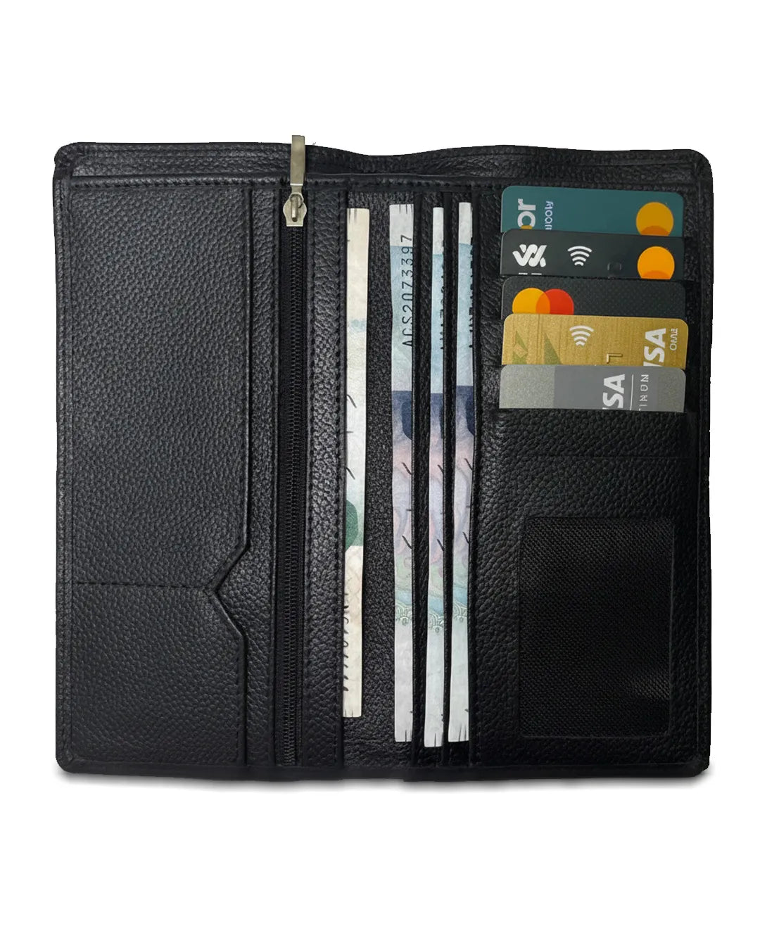 Black leather wallet with card slots and money pocket on a white background
