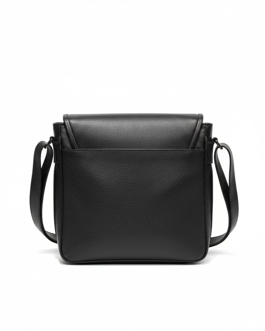 Black leather crossbody bag on a white background