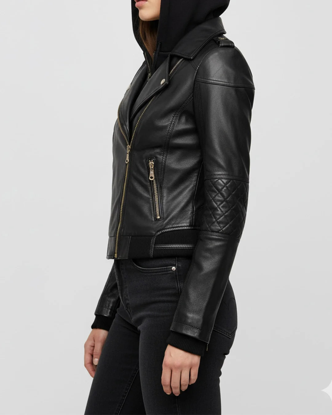 Black leather jacket with quilted arm design on a white background