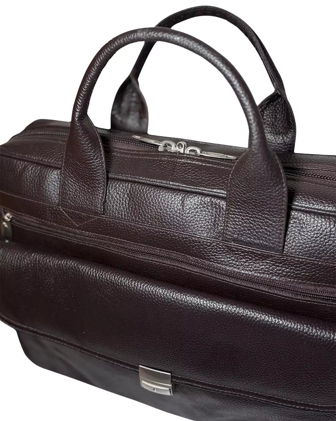 Brown leather briefcase with handle on a white background