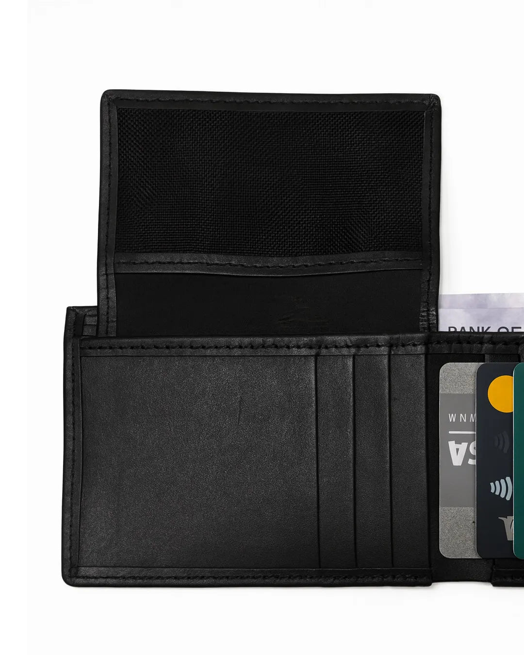 Black wallet with cards and cash on a white background