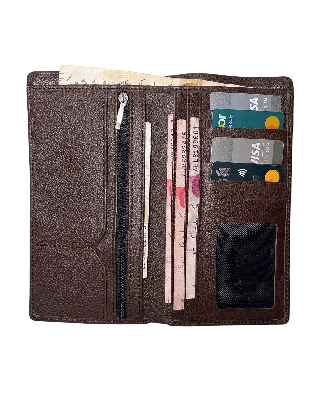 Brown leather wallet with various cards and money on a white background