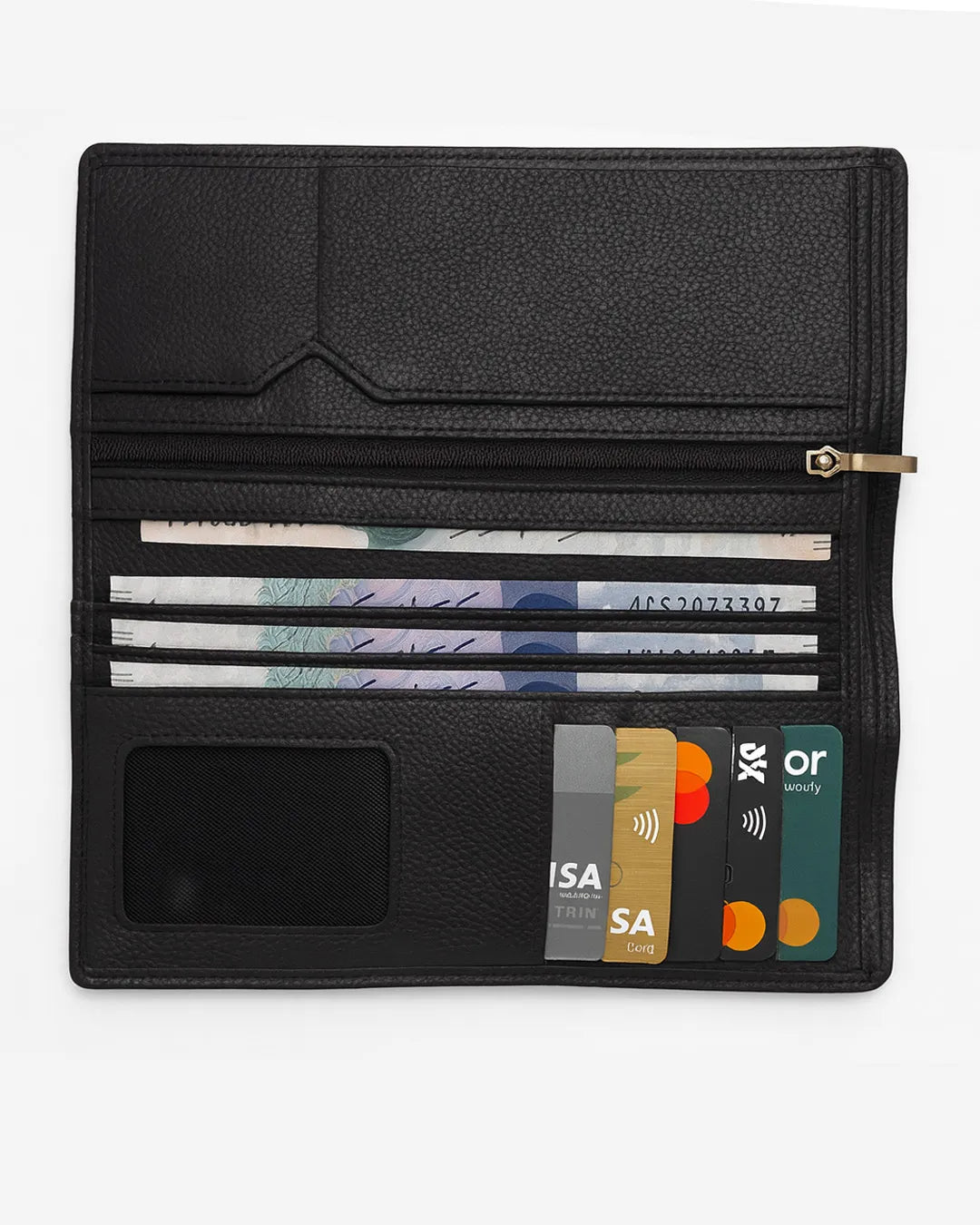 Black leather wallet with card slots on a white background