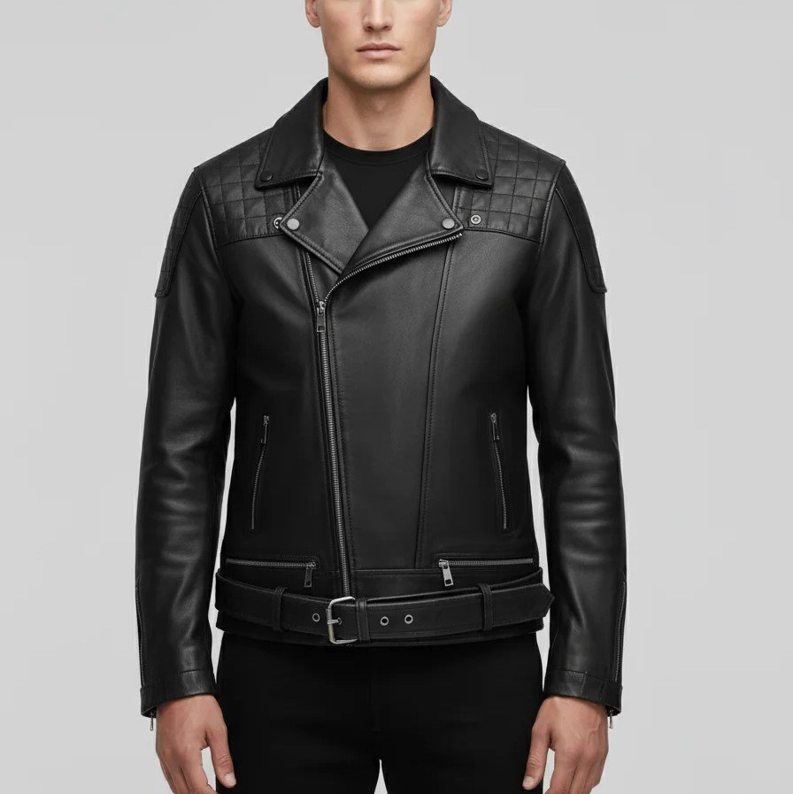 Asymmetrical zip leather jacket men