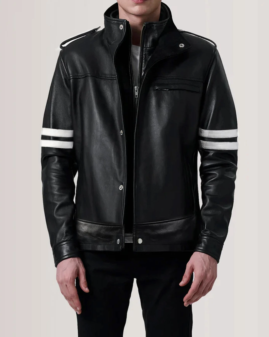 Men Stand Collar Leather Jacket