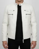 Slim Fit White Leather Jacket Men