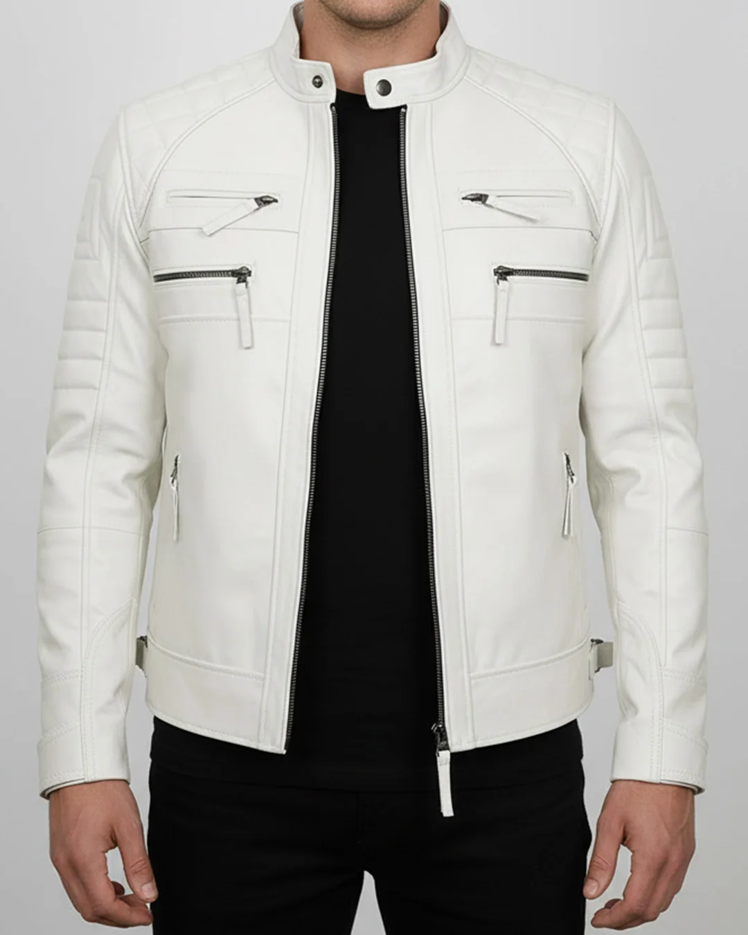 Slim Fit White Leather Jacket Men